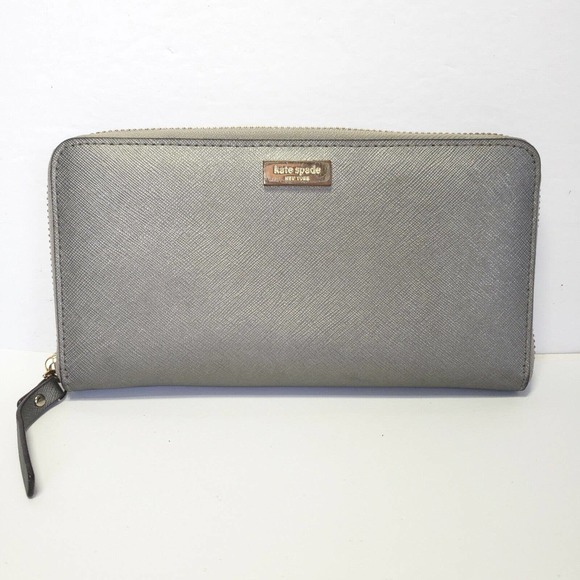Kate Spade Neda Wallet Metalic Clutch Accordion Geniue Leather Zip Around Gray - Picture 1 of 13